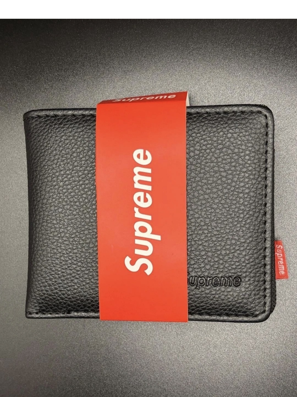 Supreme Black Leather Bifold Wallet with Red Logo